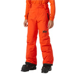Helly Hansen Junior's Legendary Insulated Pant 2025 - A pair of bright orange snow pants with a black logo on the left thigh and a belt loop at the waist.