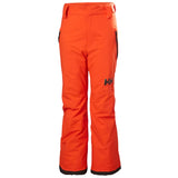Helly Hansen Junior's Legendary Insulated Pant 2025 - A pair of bright orange snow pants with a black logo on the left leg and two zippered pockets on the right side.