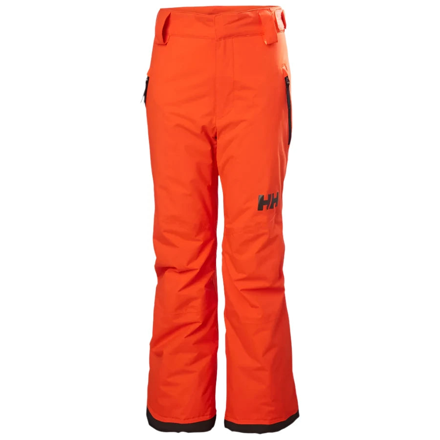 Helly Hansen Junior's Legendary Insulated Pant 2025 - A pair of bright orange snow pants with a black logo on the left leg and two zippered pockets on the right side.