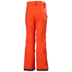 Helly Hansen Junior's Legendary Insulated Pant 2025 - A pair of bright orange snow pants with a black trim at the bottom and a small zippered pocket on the right side.