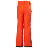 Helly Hansen Junior's Legendary Insulated Pant 2025 - A pair of bright orange snow pants with a black trim at the bottom and a small zippered pocket on the right side.