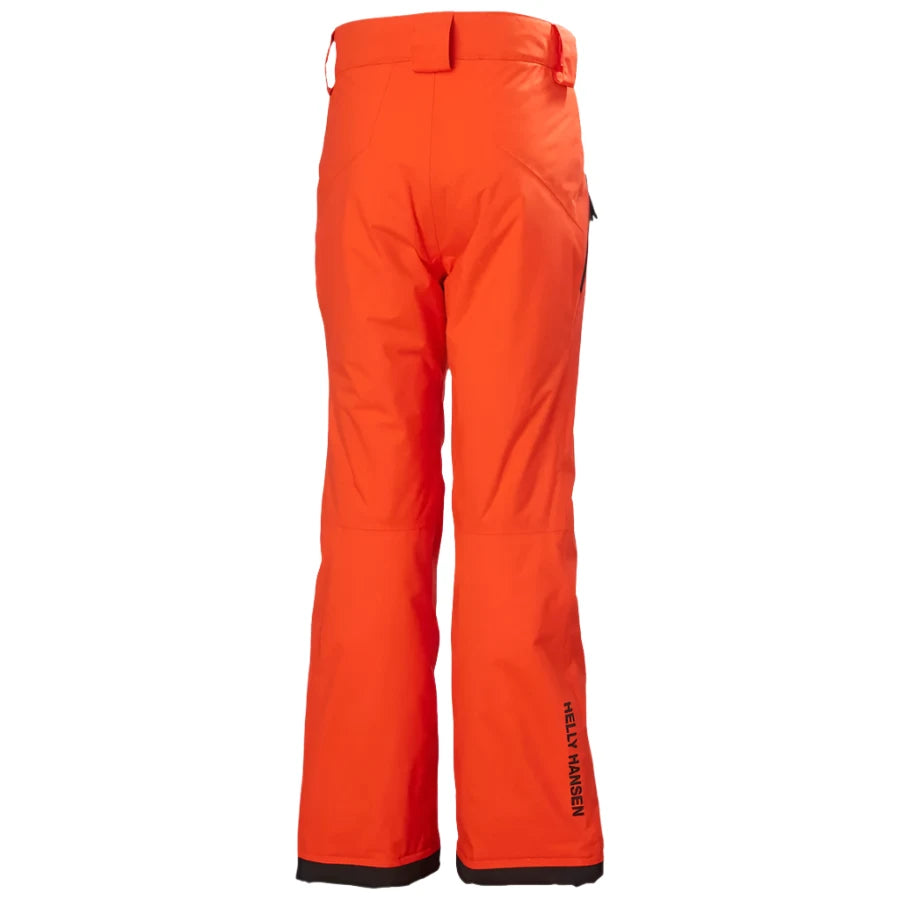 Helly Hansen Junior's Legendary Insulated Pant 2025 - A pair of bright orange snow pants with a black trim at the bottom and a small zippered pocket on the right side.