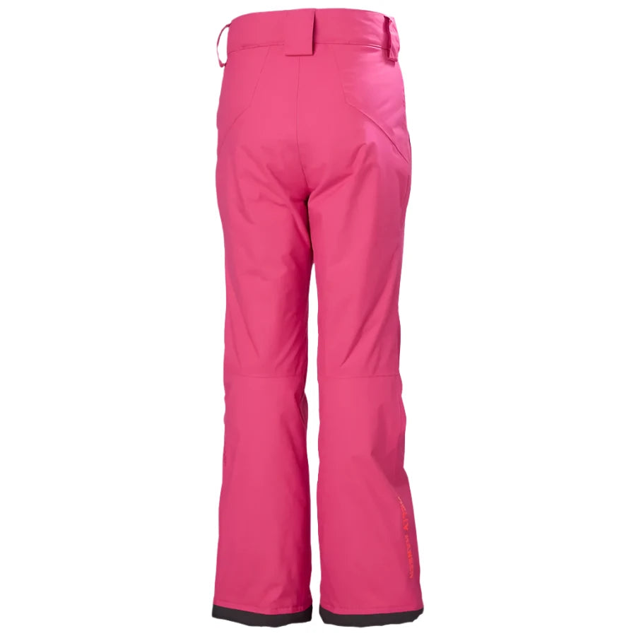 Helly Hansen Junior's Legendary Insulated Pant 2025 - A pair of bright pink snow pants with a black stripe down the side and a zippered pocket on the back.