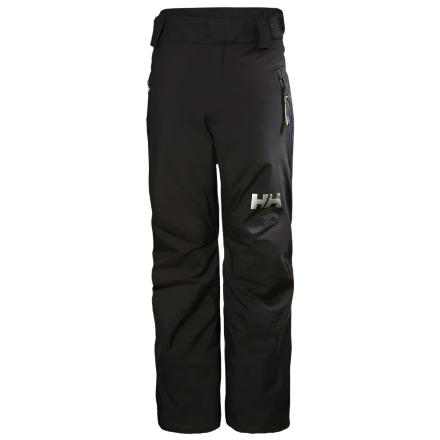 Helly Hansen Junior's Legendary Insulated Pant 2025 - A pair of black insulated ski pants with a zippered pocket on the right thigh and yellow drawstrings at the waist.