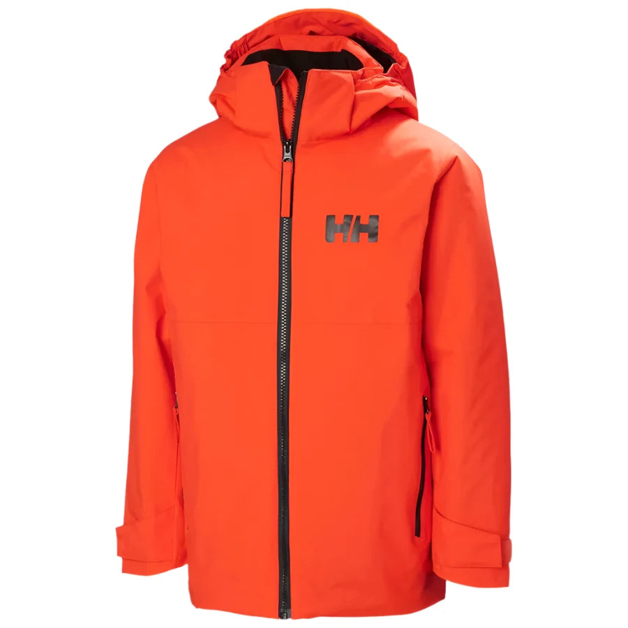 Helly Hansen Junior's Traverse Insulated Jacket 2025 - A bright orange jacket with a black zipper and logo on the chest.