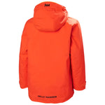 Helly Hansen Junior's Traverse Insulated Jacket 2025 - A bright orange jacket with a hood, featuring black lettering and logos on the chest and back.