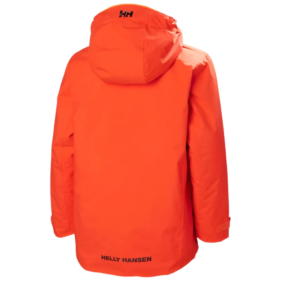 Helly Hansen Junior's Traverse Insulated Jacket 2025 - A bright orange jacket with a hood, featuring black lettering and logos on the chest and back.
