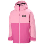 Helly Hansen Junior's Traverse Insulated Jacket 2025 - A pink and black insulated jacket with a hood, featuring a zip closure and two front pockets.