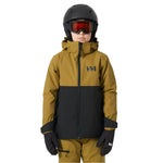Helly Hansen Junior's Traverse Insulated Jacket 2025 - A black and grey jacket with a hood, worn by a child in front of a white background.