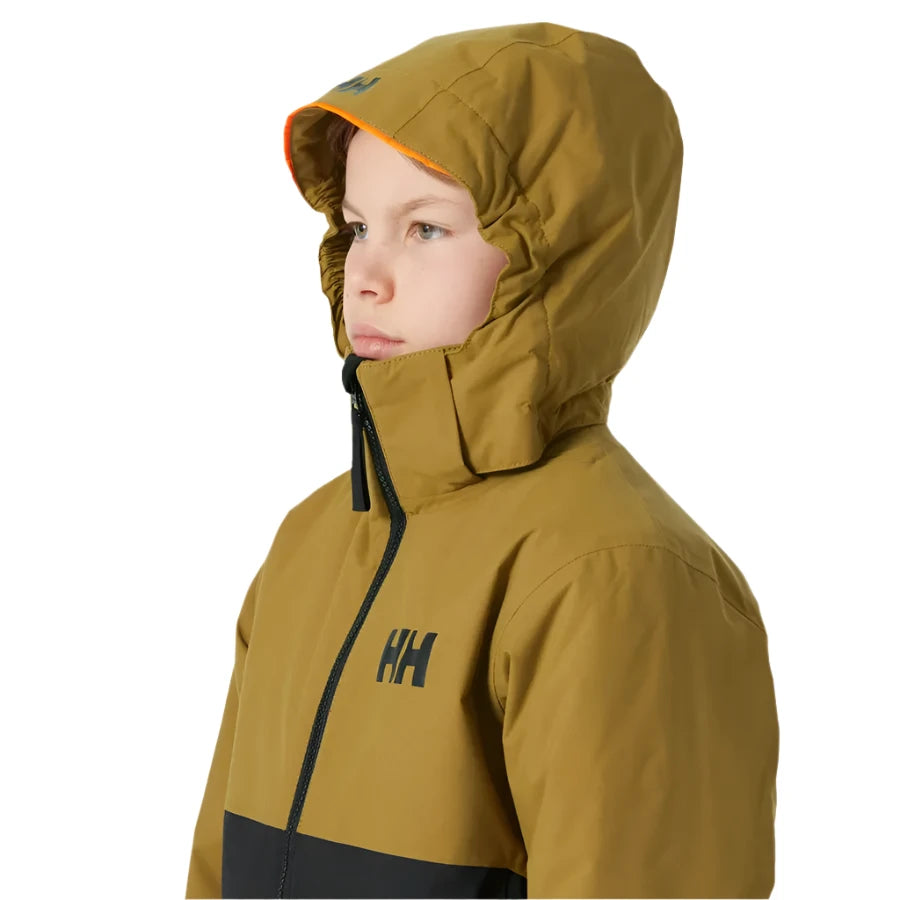Helly Hansen Junior's Traverse Insulated Jacket 2025 - A dark blue and black insulated jacket with a hood, featuring a zip closure and two front pockets.