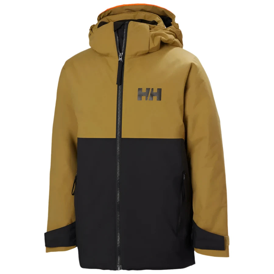 Helly Hansen Junior's Traverse Insulated Jacket 2025 - A tan and black insulated jacket with a hood, featuring a zip closure at the front.