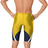 Speedo Edge Splice Jammer Swimsuit - A yellow swimsuit with a white stripe on the side and a navy blue patterned design at the bottom.