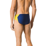 Speedo Spark Splice Brief Swimsuit - A navy blue brief with a yellow and white geometric pattern on the left side of the waistband.