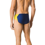 Speedo Spark Splice Brief Swimsuit - A navy blue brief with a yellow and white geometric pattern on the left side of the waistband.