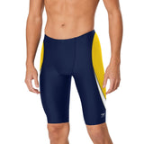 Speedo Edge Splice Jammer Swimsuit - A navy blue swimsuit with a white and yellow stripe pattern on the side.