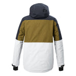 Killtec KSW 407 Insulated Jacket - A dark blue, tan, and white jacket with a hood, featuring a zippered front and two pockets on either side.