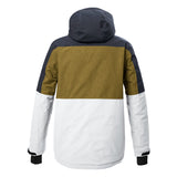 Killtec KSW 407 Insulated Jacket - A dark blue, tan, and white jacket with a hood, featuring a zippered front and two pockets on either side.