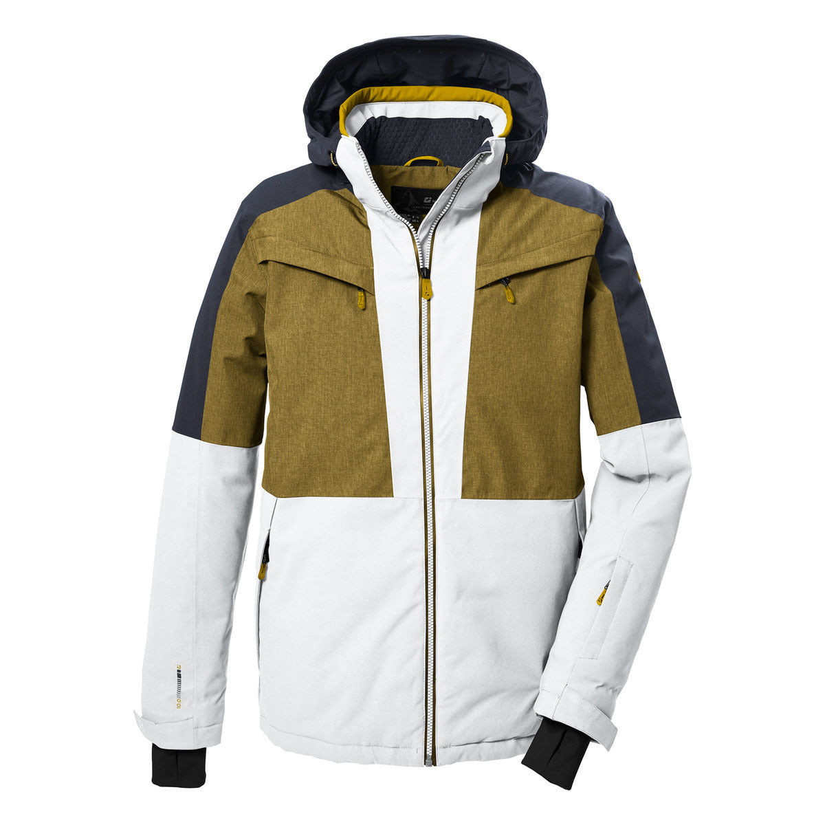 Killtec KSW 407 Insulated Jacket 2025 - A tan and white jacket with a hood, featuring two zippered pockets on either side of the chest.