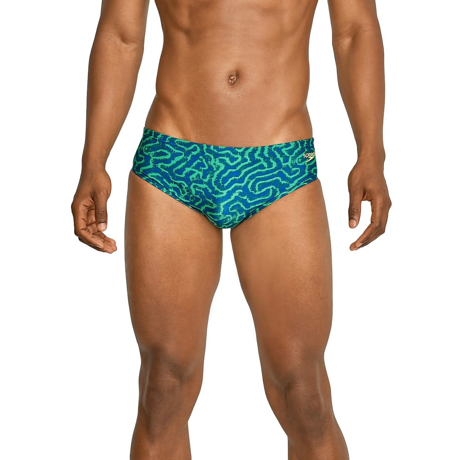 Speedo Race Maze Brief Swimsuit - A blue swimsuit with a maze pattern and green accents.
