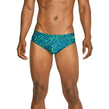 Speedo Race Maze Brief Swimsuit - A blue swimsuit with a maze pattern and green accents.
