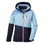 Killtec Girls KSW 331 Insulated Jacket 2025 - A light blue and navy jacket with a pink zipper, featuring a hood and two zippered pockets on the front.