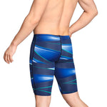 Speedo Infinite Pulse Jammer Swimsuit - A navy blue swimsuit with a pattern of light blue and white stripes.