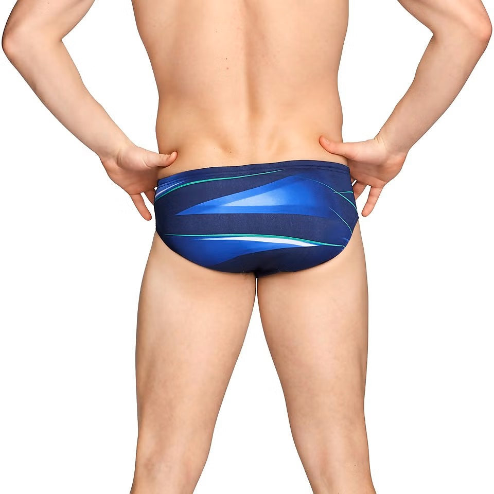 Speedo Infinite Pulse Brief Swimsuit - A navy blue swimsuit with a geometric pattern of light blue and white shapes.