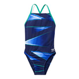 Speedo Infinite Pulse Crossback One Piece Swimsuit - A dark blue swimsuit with a geometric pattern of light blue and white triangles, featuring green accents along the edges.