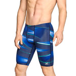 Speedo Infinite Pulse Jammer Swimsuit - A navy blue swimsuit with a pattern of light blue and white stripes.