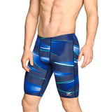 Speedo Infinite Pulse Jammer Swimsuit - A navy blue swimsuit with a pattern of light blue and white stripes.