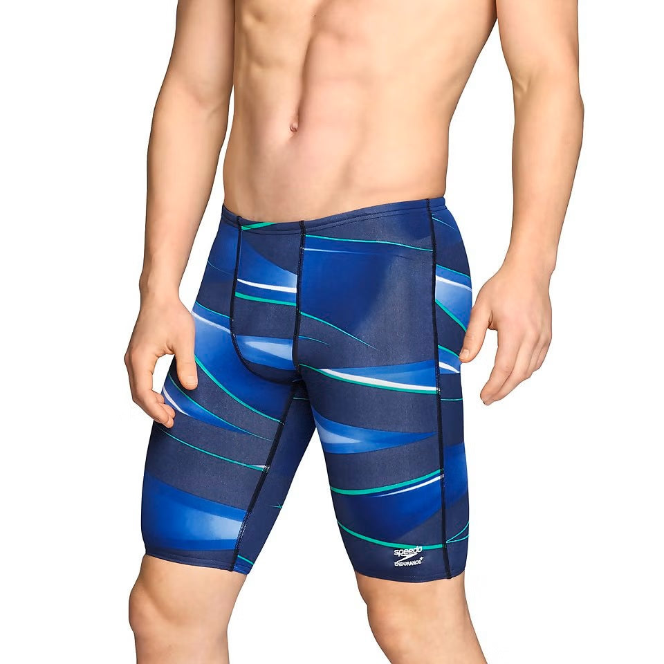 Speedo Infinite Pulse Jammer Swimsuit - A navy blue swimsuit with a pattern of light blue and white stripes.