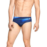 Speedo Infinite Pulse Brief Swimsuit - A navy blue swimsuit with a geometric pattern of light blue and white lines.