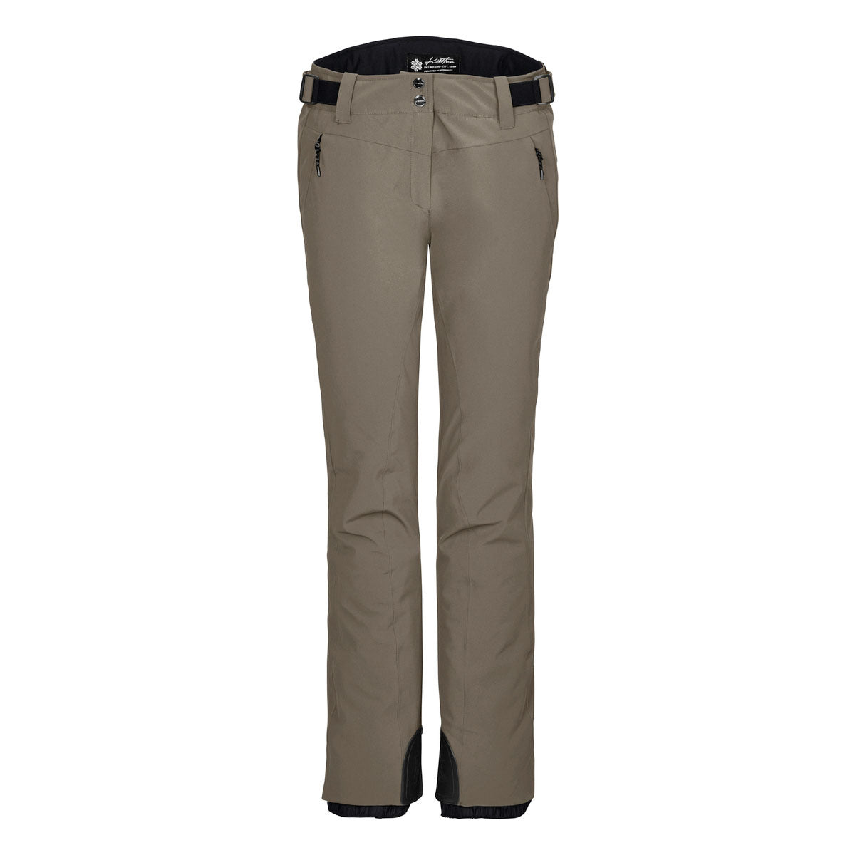 Killtec Women's KSW 311 Stretch Pant 2025 - A pair of khaki-colored women's ski pants with a black waistband and two zippered pockets on either side.