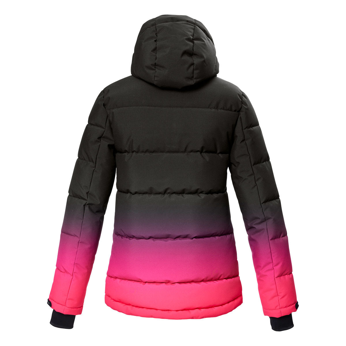 Killtec Girls KSW 330 Quilted Insulated Jacket 2025 - A black jacket with a hood, featuring a gradient effect that transitions from dark to light pink towards the bottom.