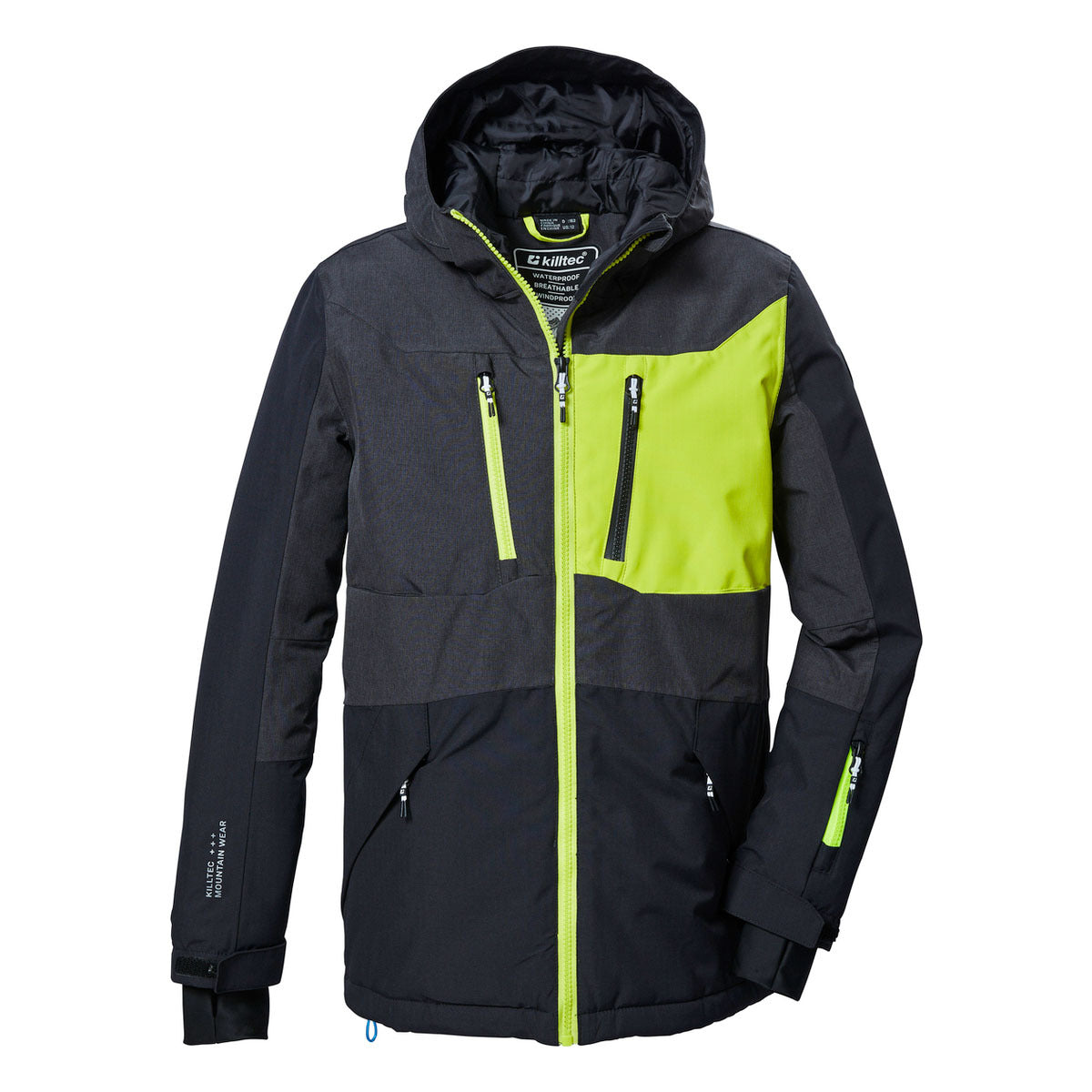 Killtec Junior's KSW 398 Insulated Jacket - A black and grey jacket with a neon green zipper on the chest pocket.