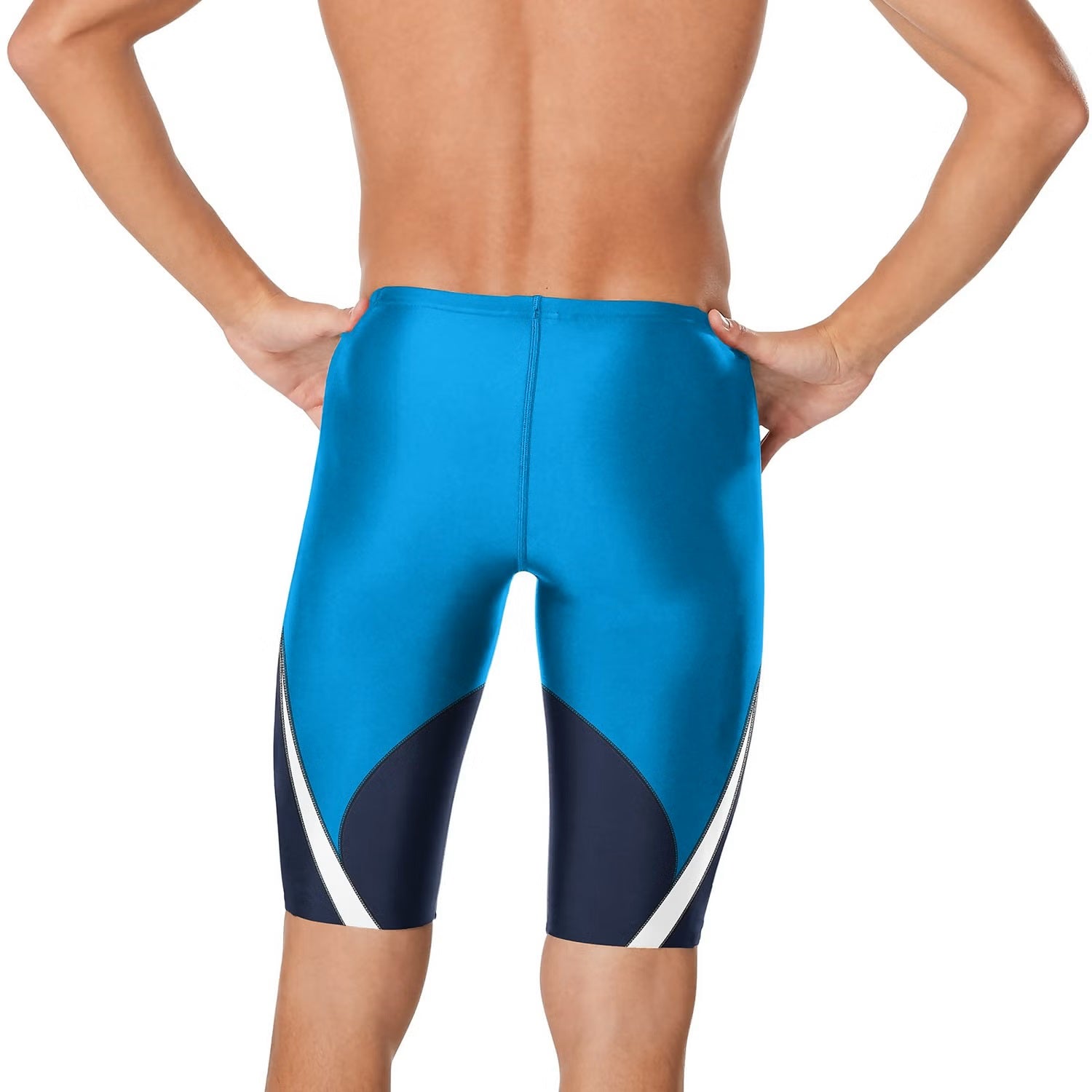 Speedo Edge Splice Jammer Swimsuit - A blue swimsuit with a white stripe on the side and a black logo on the hip.