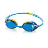 Speedo Jr. Vanquisher 2.0 Mirrored Swim Goggle - A pair of mirrored swim goggles with a blue frame and yellow strap.