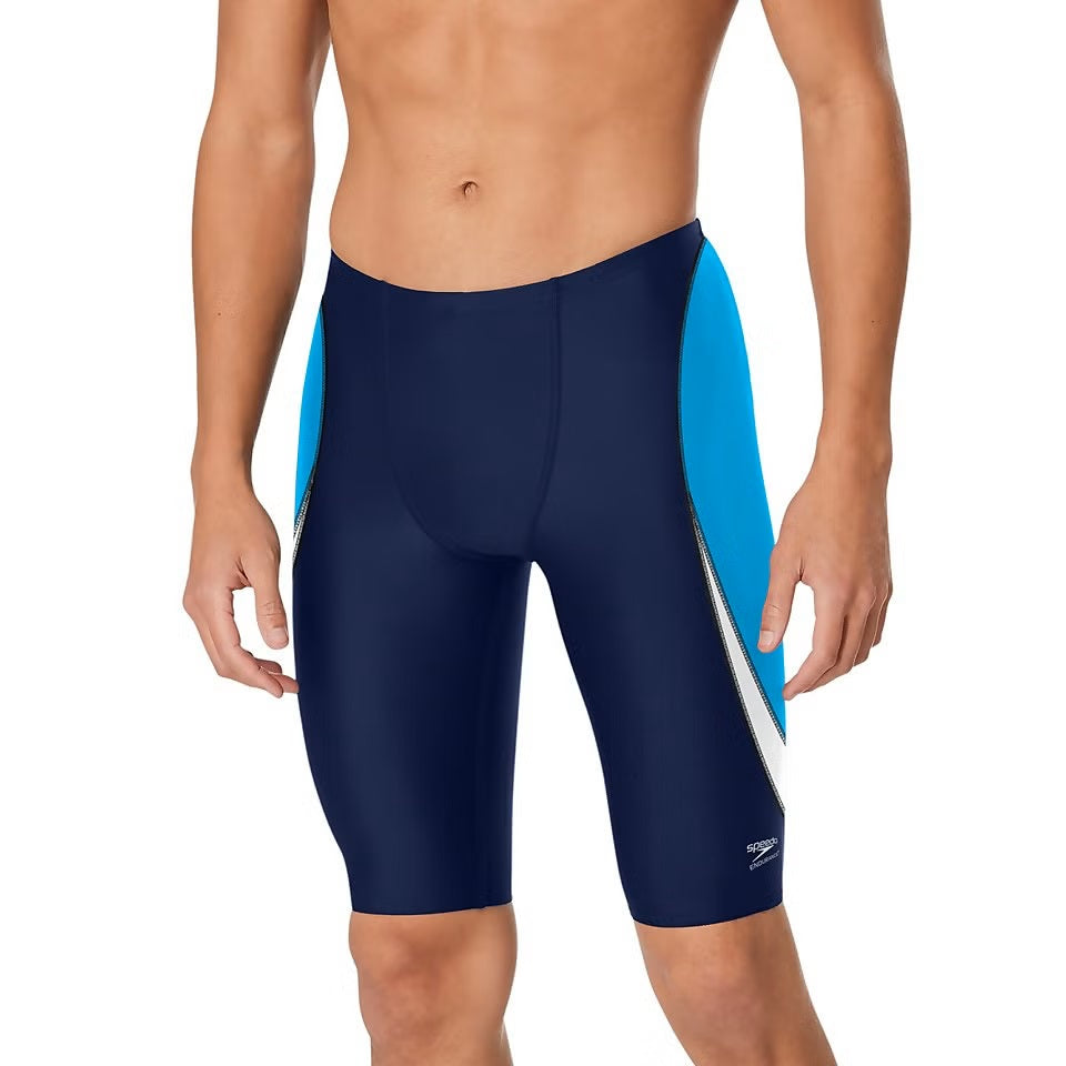 Speedo Edge Splice Jammer Swimsuit - A navy blue swimsuit with a white and light blue stripe pattern on the side.