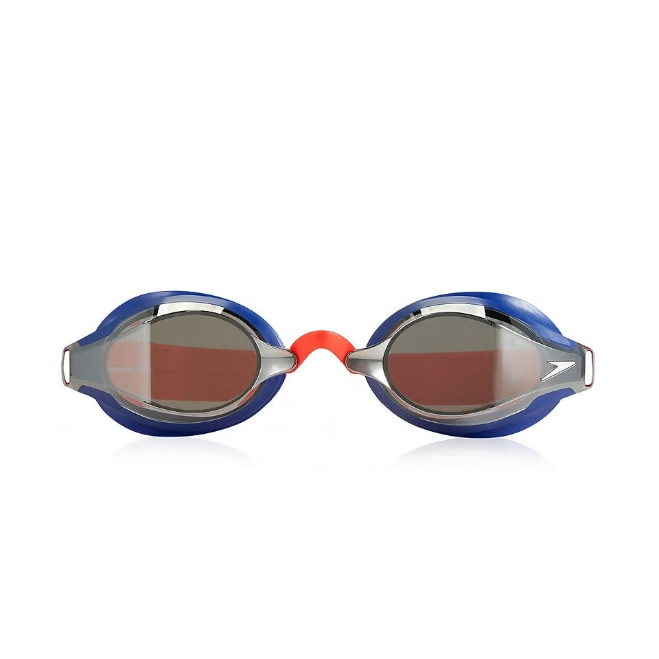 Speedo Speed Socket 2.0 Mirrored Swim Goggle - A pair of mirrored swim goggles with a blue frame and silver trim, featuring mirrored lenses.