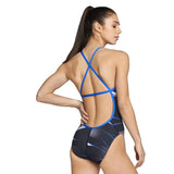 Speedo Infinite Pulse Crossback One Piece Swimsuit - A black swimsuit with a blue and white geometric pattern, featuring a cross-back design.