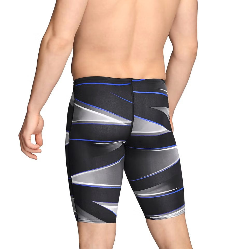 Speedo Infinite Pulse Jammer Swimsuit - A black swimsuit with a blue and white geometric pattern on the front, featuring a solid back.
