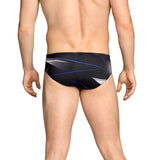 Speedo Infinite Pulse Brief Swimsuit - A black swimsuit with a blue, white, and grey geometric pattern on the front.