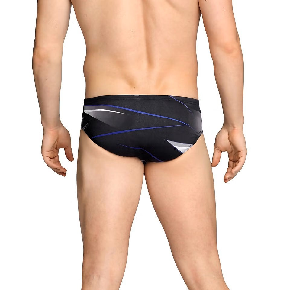 Speedo Infinite Pulse Brief Swimsuit - A black swimsuit with a blue, white, and grey geometric pattern on the front.