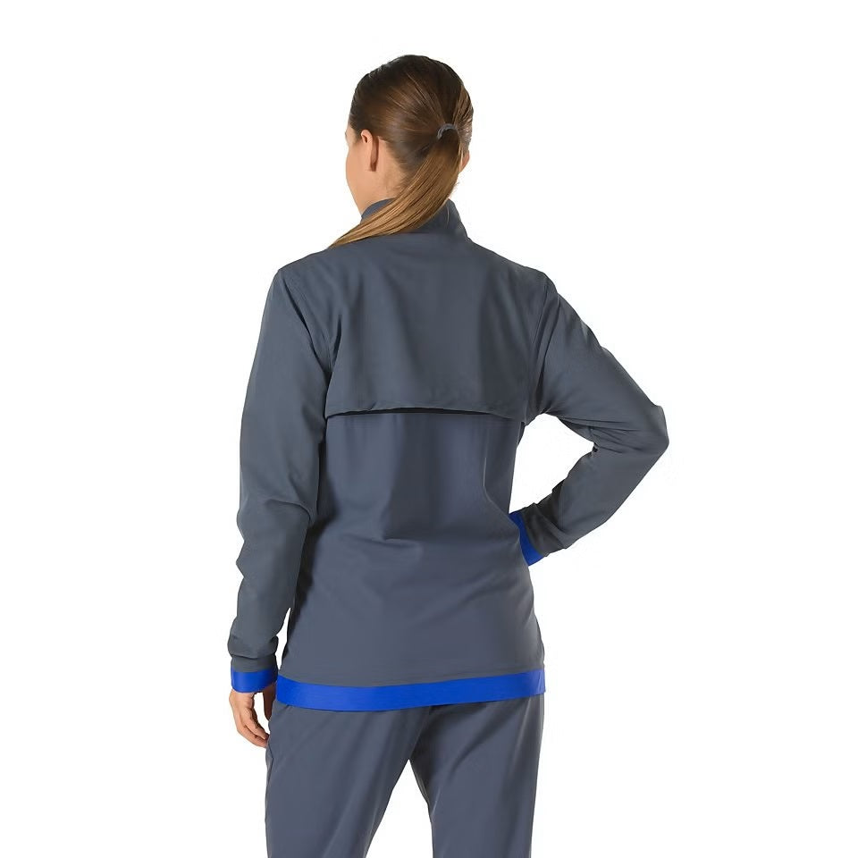 Speedo Female Tech Warm Up Jacket - A grey jacket with a blue stripe on the bottom and a zipper at the back.