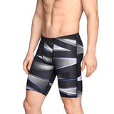 Speedo Infinite Pulse Jammer Swimsuit - A black swimsuit with a blue and white geometric pattern on the front, featuring a high waistband and a sleek design.
