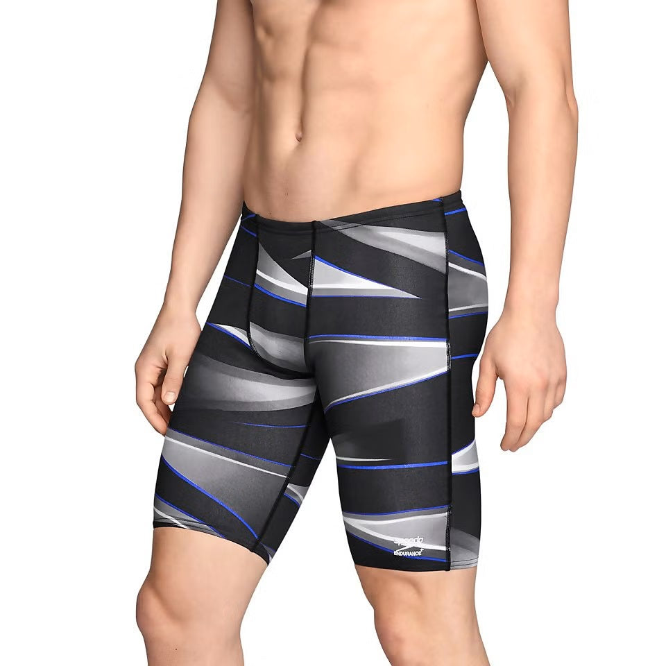 Speedo Infinite Pulse Jammer Swimsuit - A black swimsuit with a blue and white geometric pattern on the front, featuring a high waistband and a sleek design.
