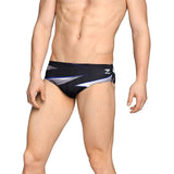 Speedo Infinite Pulse Brief Swimsuit - A black swimsuit with a blue, grey and white geometric pattern on the front.