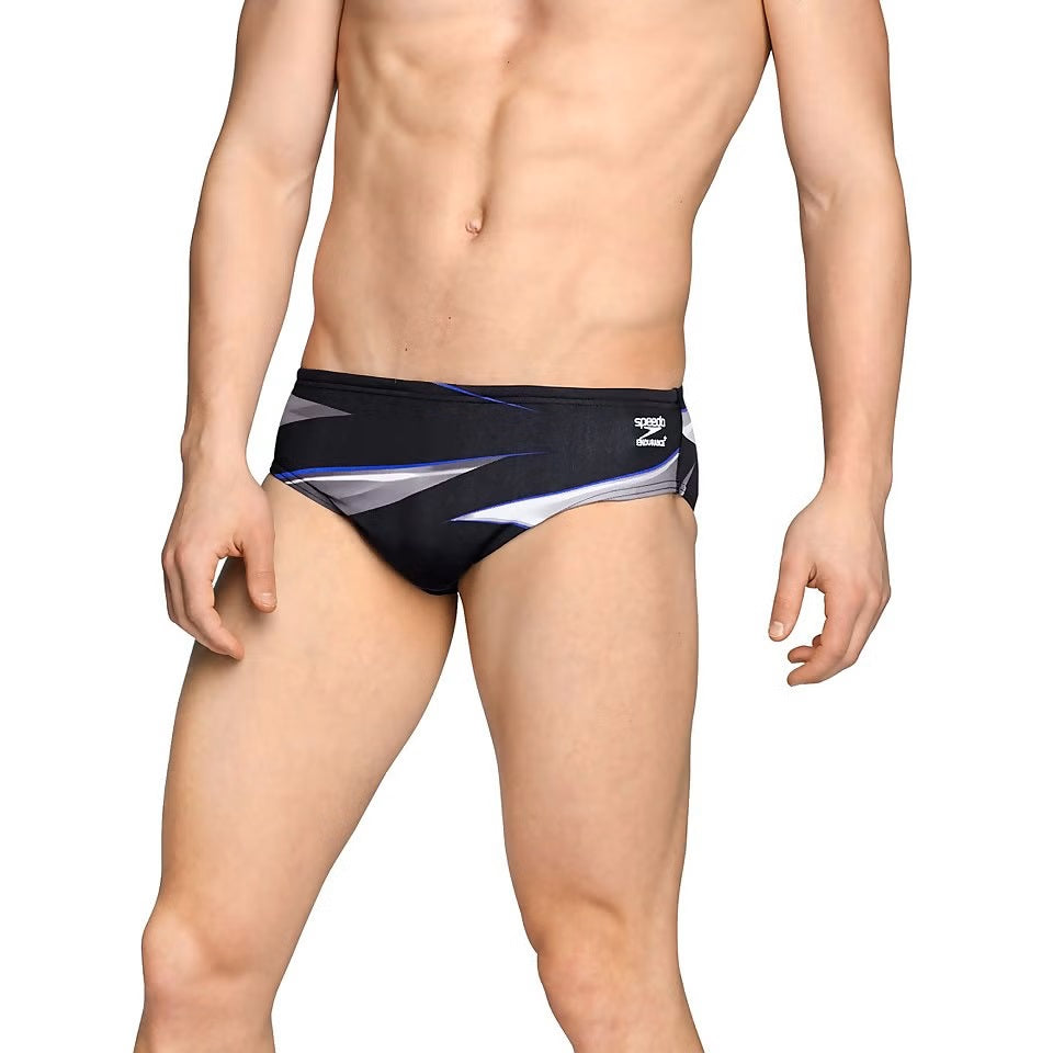 Speedo Infinite Pulse Brief Swimsuit - A black swimsuit with a blue, grey and white geometric pattern on the front.