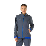Speedo Female Tech Warm Up Jacket - A dark grey jacket with a blue zipper and trim, featuring a white logo on the left chest area.
