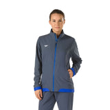 Speedo Female Tech Warm Up Jacket - A dark grey jacket with a blue zipper and trim, featuring a white logo on the left chest area.